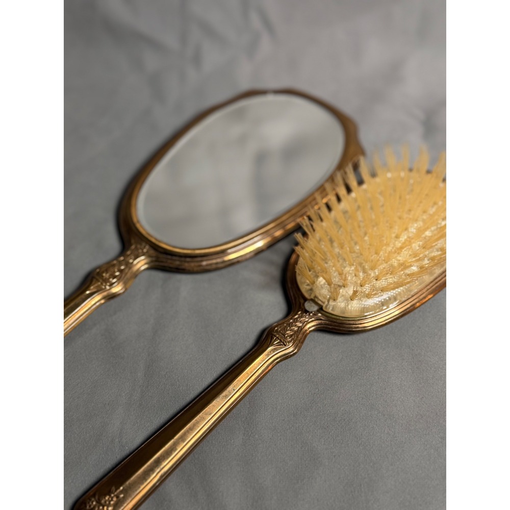 Vintage Mother of Pearl Inlay Gold Tone Vanity Set Hand Mirror Hairbrush 2pc - Picture 11 of 12